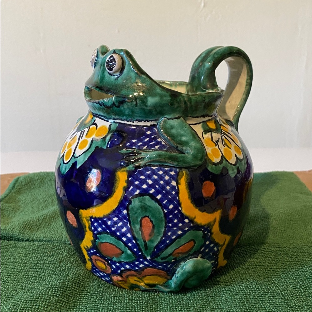 Talavera pottery frog pitcher 6”  a type of traditional Mexican folk art